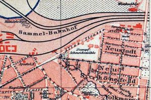 Stadtplanausschnitt der Leipziger Ostvororte aus Meyers Lexikon, um 1885
