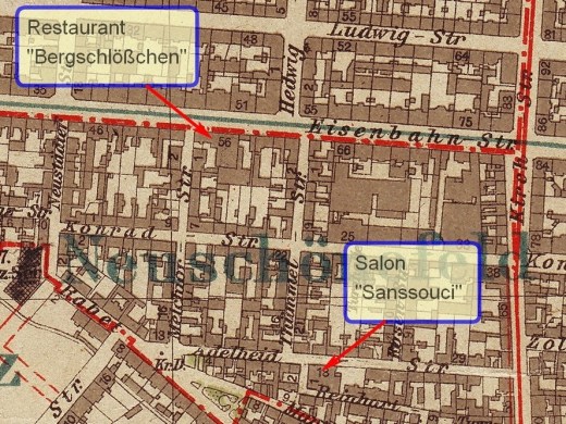 L.-Neuschönefeld, Gaststätten "Zum Bergschlößchen" und "Sanssouci", Plan 1908
